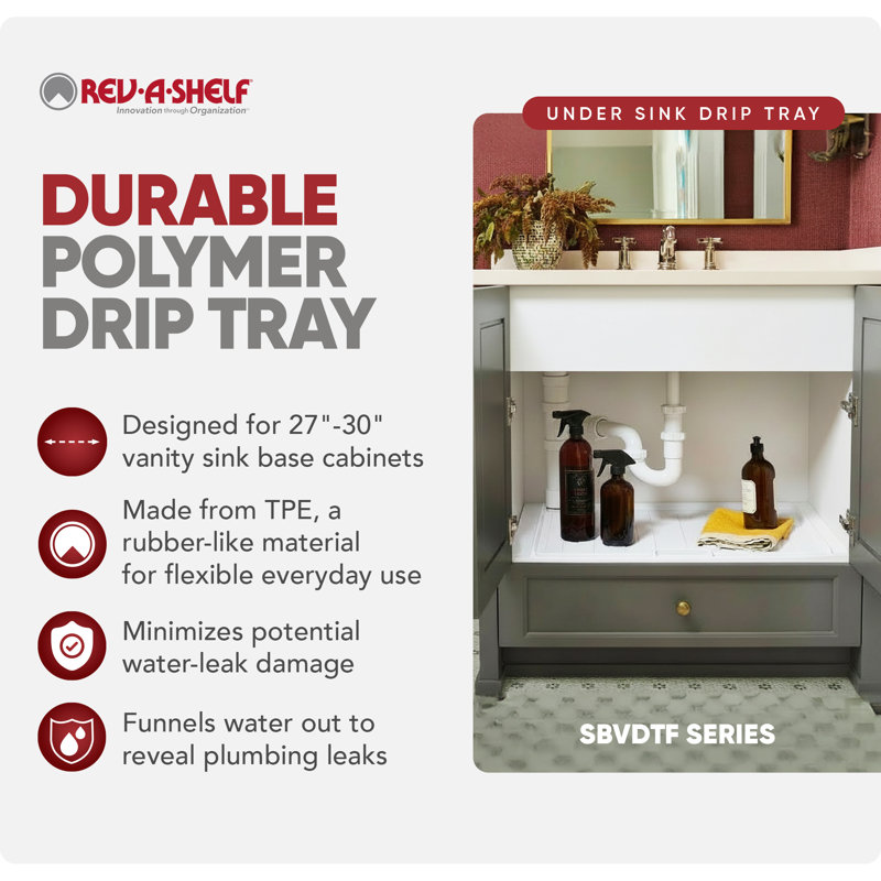Rev-A-Shelf Under Sink Drip Tray for Vanity Base Cabinets, Fits 27" - 30", 28.5"W x 20.2"L