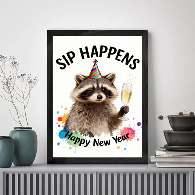 Black Framed New Year Raccoon Wall Art Colorful Watercolor Humorous Festive Frame Print