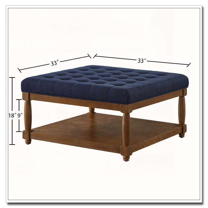 Upholstered Tufted Linen Ottoman Coffee Table, Navy Blue, Square