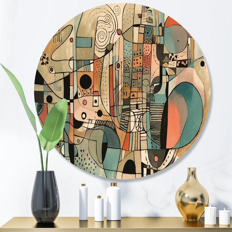 Golden Mid Century Boho Dessin - Minimalisme abstrait, art mural rond sur métal, H 23 po x l 23 po x P 1 po
