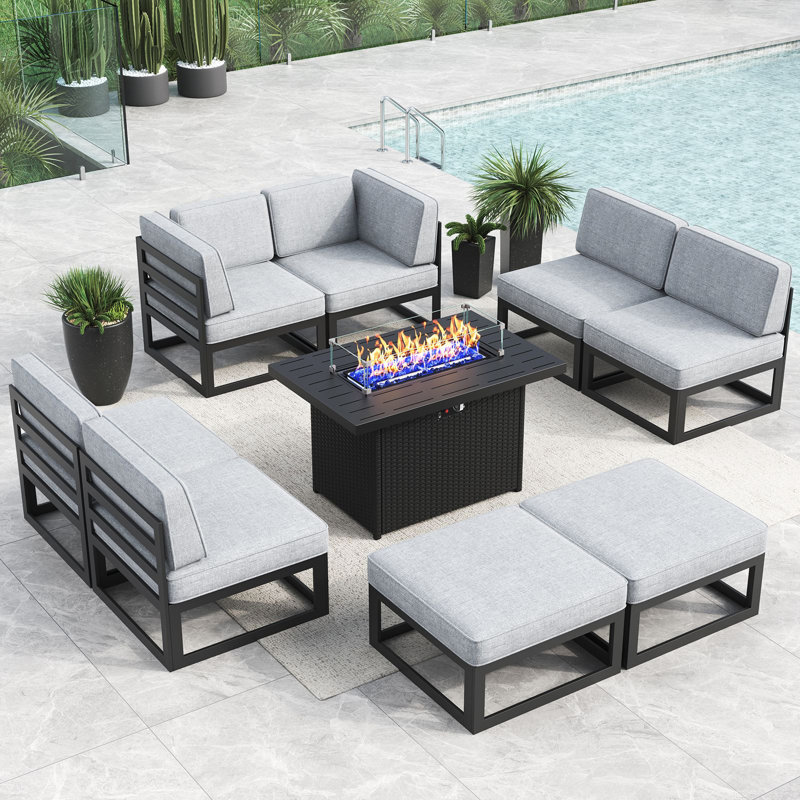 9 - Piece Outdoor Modular Sectional Set with Fire Table, Gray