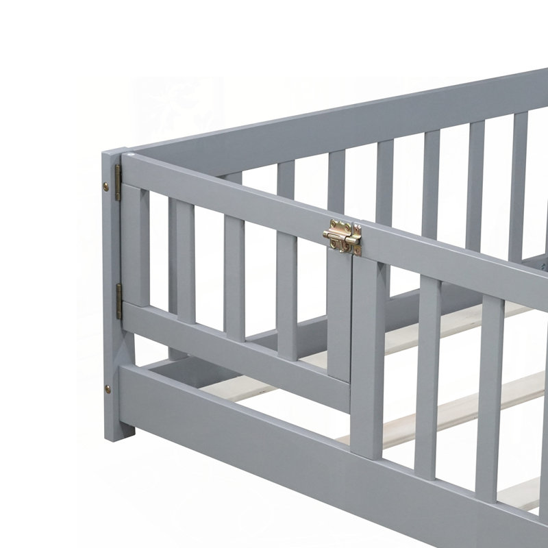 Lit de sol en bois d'hévéa polyvalent avec caractéristiques de sécurité et conception compacte, gris, Lit simple