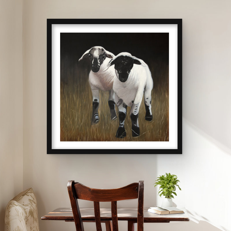 Two Lambs Beige Rustic Framed Matted Print for Home Decor
