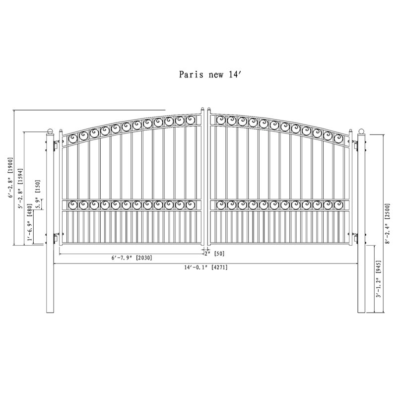 Paris Style Black Steel Dual Swing Driveway Gate with Automated Opener Kit