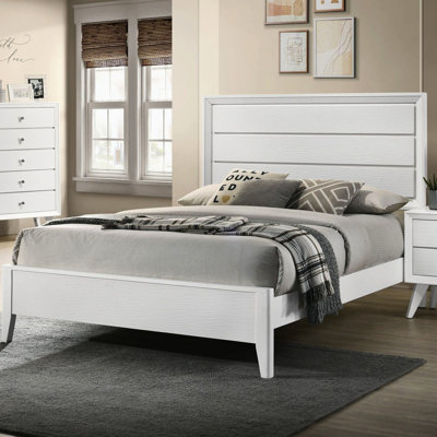 White Contemporary King Bedframe With Style Panel Headboard, Wave Texture, Solid Wood, Corners, Angled Legs, Foundation Needed Size Corner Design Headboard Bedframe, Requires