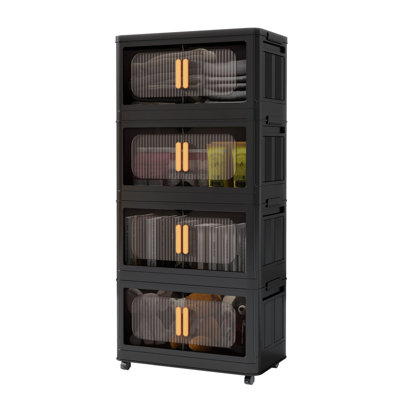 Black,20" Side Wide Folding Storage Cabinet ,4 Tiers,19.69"×11.81"×40.55",Collapsible Storage Bins with Magnetic Door, Plastic Storage Cabinet with Wheels