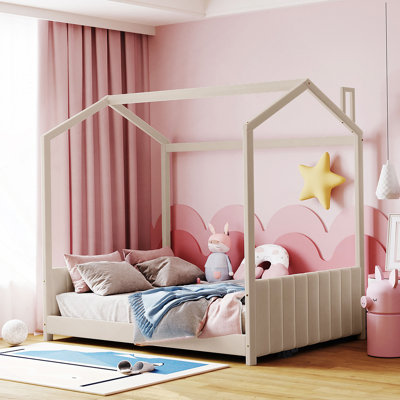Full Size Velvet House Bed Wood Bed Beige