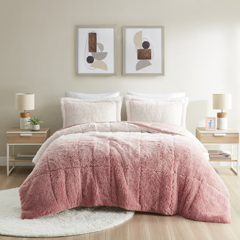Malea Shaggy Faux Fur Ultra-Soft Comforter Set, Blush Ombre, Full/Queen Comforter + 2 Standard Shams