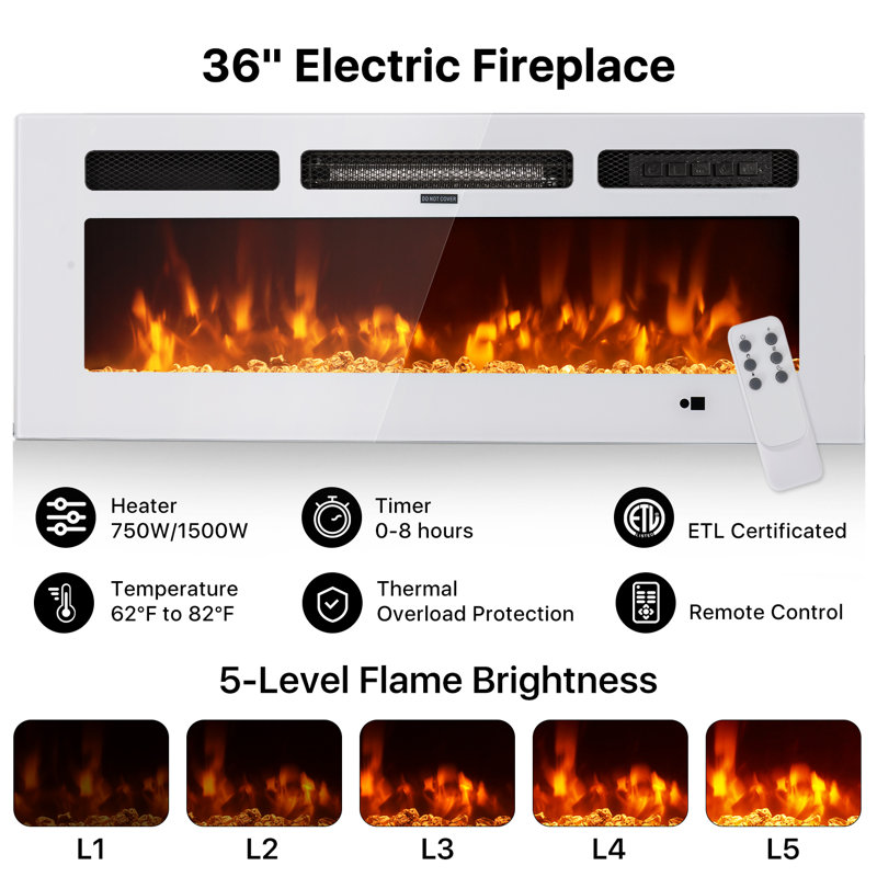 36-Inch White Electric Fireplace