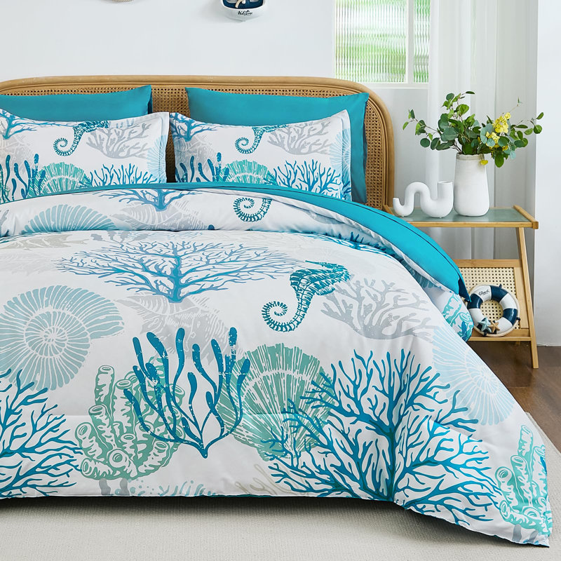 7-Piece Coastal Beach Comforter Set, Ocean Nautical All-Season Bedding, Coral/Seahorse