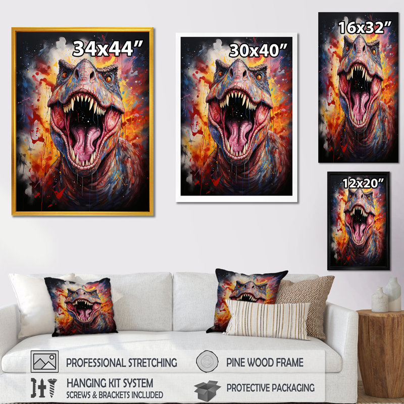 Popart Trex Dinosaur I - Art mural dinosaure, Cadre simple noir, H 32 po x l 24 po x P 1 po