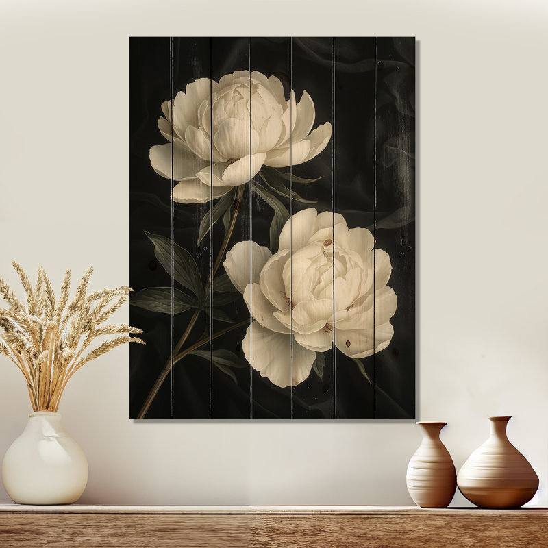 Pivoines en posture rétro en soie noire - Art mural en bois pivoines - sur bois de pin naturel, H 20 po x l 10 po