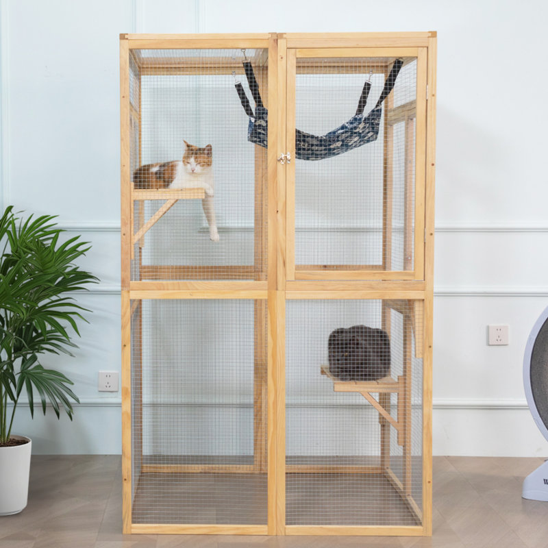 Outdoor Wooden Cat House With Deck, Sun Panel, Hammock, Door