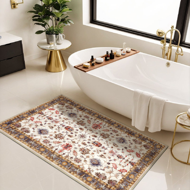Tapis de couloir antidérapant de luxe à revêtement en caoutchouc antidérapant Home Decor, intérieur élégant, motif décoratif ivoire floral et feuilles, 32 x 48 po
