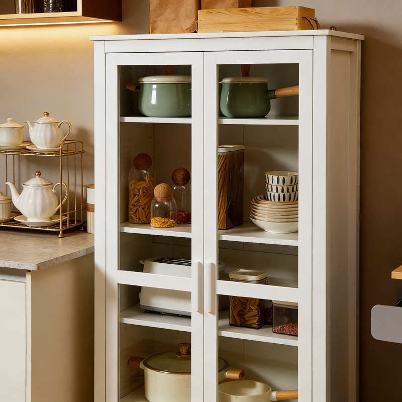 Armoire de cuisine autoportante avec portes en verre et tablettes réglables, armoire de rangement à 5 niveaux pour la salle à manger et le salon
