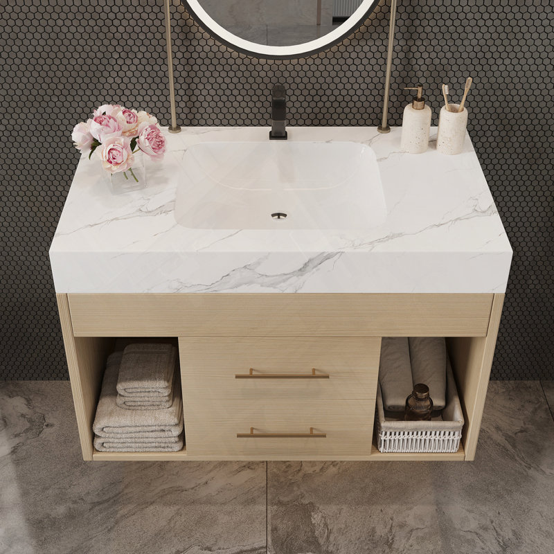 Meuble-lavabo flottant moderne avec armoire et lavabo en bois massif