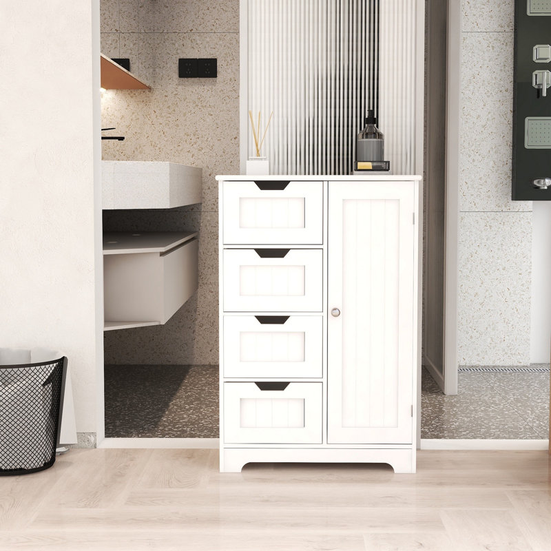 Armoire de rangement autoportante blanche avec tablettes réglables, 4 tiroirs et 1 porte