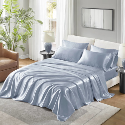 Blue Luxury 6 Pcs Queen Satin Sheet - Wrinkle , Soft On Skin, With 1 Flat, Fitted And 4 Pillowcases,