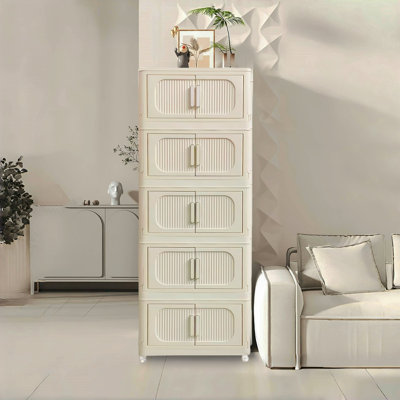 Blanc crème, armoire de rangement pliante latérale large de 19,69 po, 5 niveaux, 19,69 po x 11,81 po x 50,00 po, bacs de rangement pliables avec porte magnétique, armoire de rangement en plastique avec roues