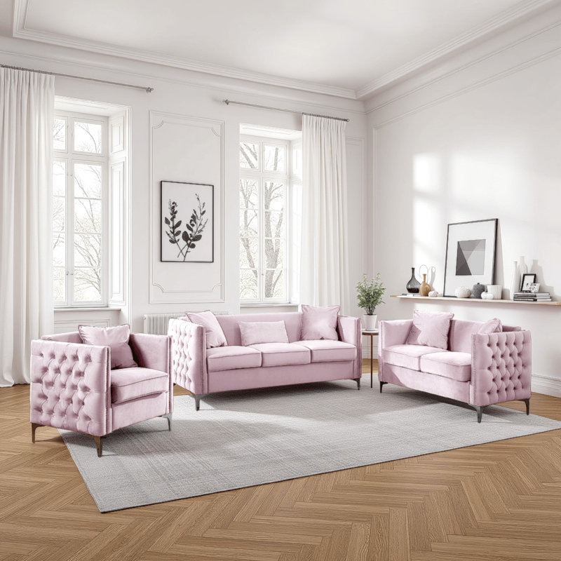 Ensemble de salon 3 pièces Curie, Velours rose