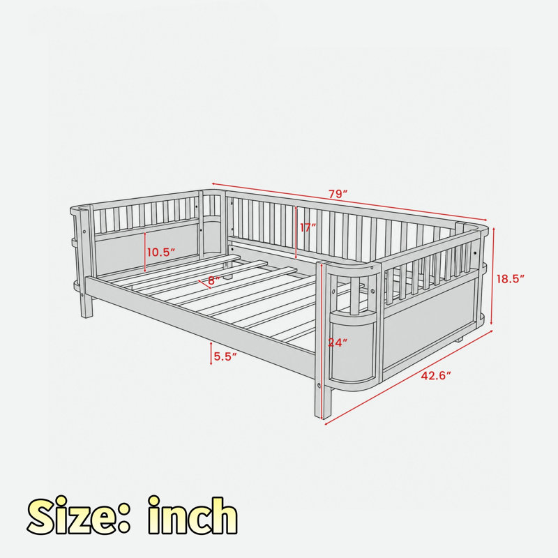 Lit pour enfant à profil bas avec coin arrondi lisse et support en lattes de bois, Lit simple, Gris