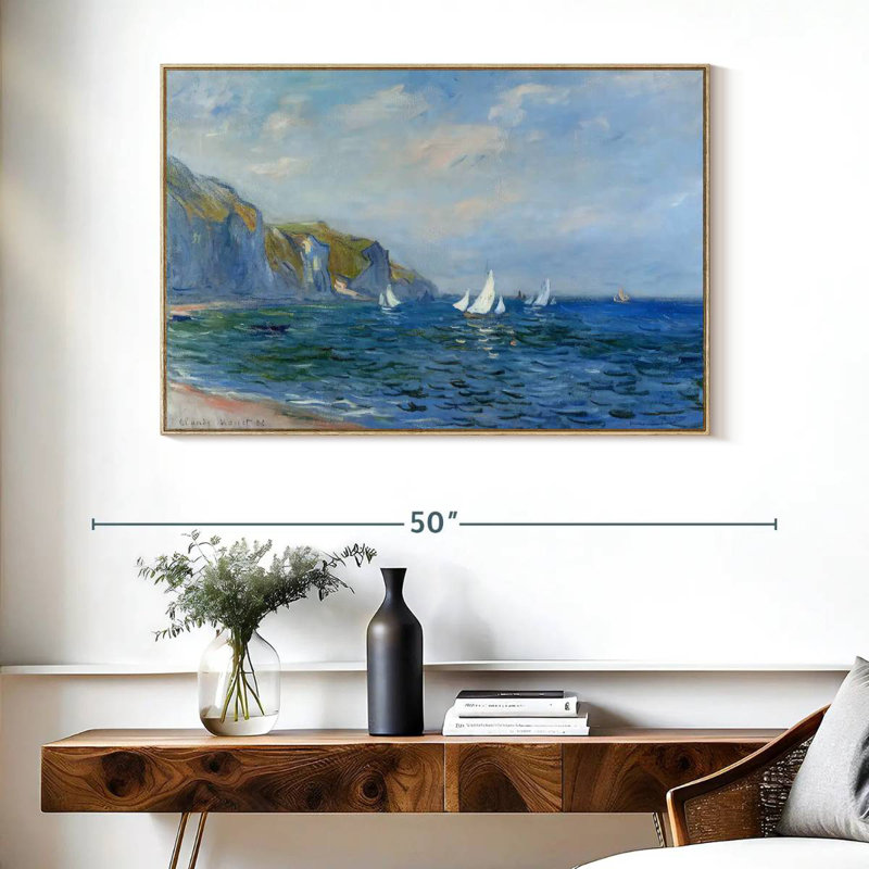 Falaises et voiliers à Pourville, Cadre flottant en bois naturel, 40 po x 27 po