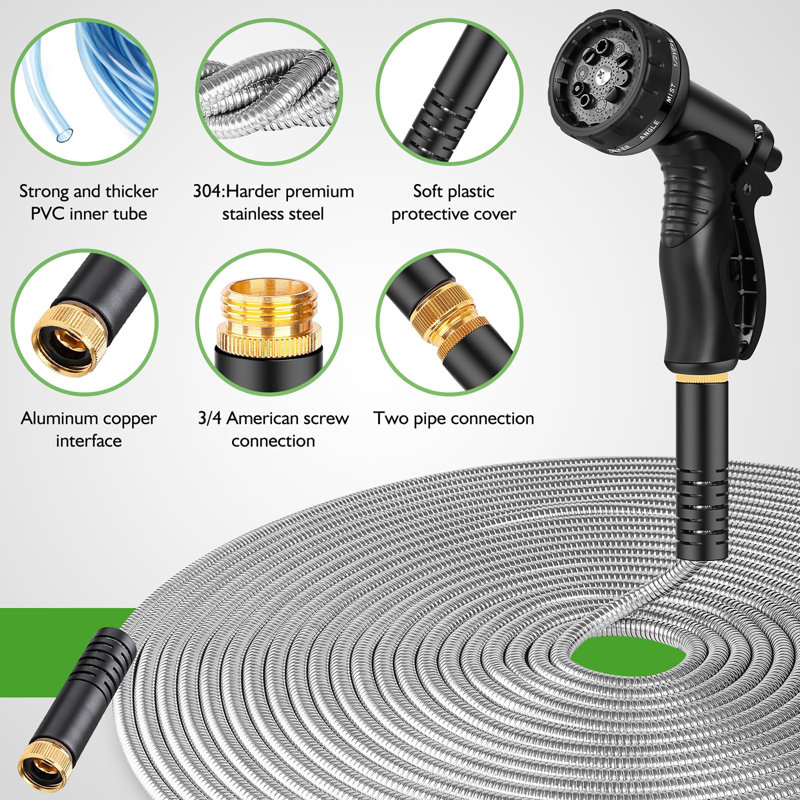 Metal Garden Hose With 10 Function Nozzle, H 15 po x L 2400 po x P 15 po