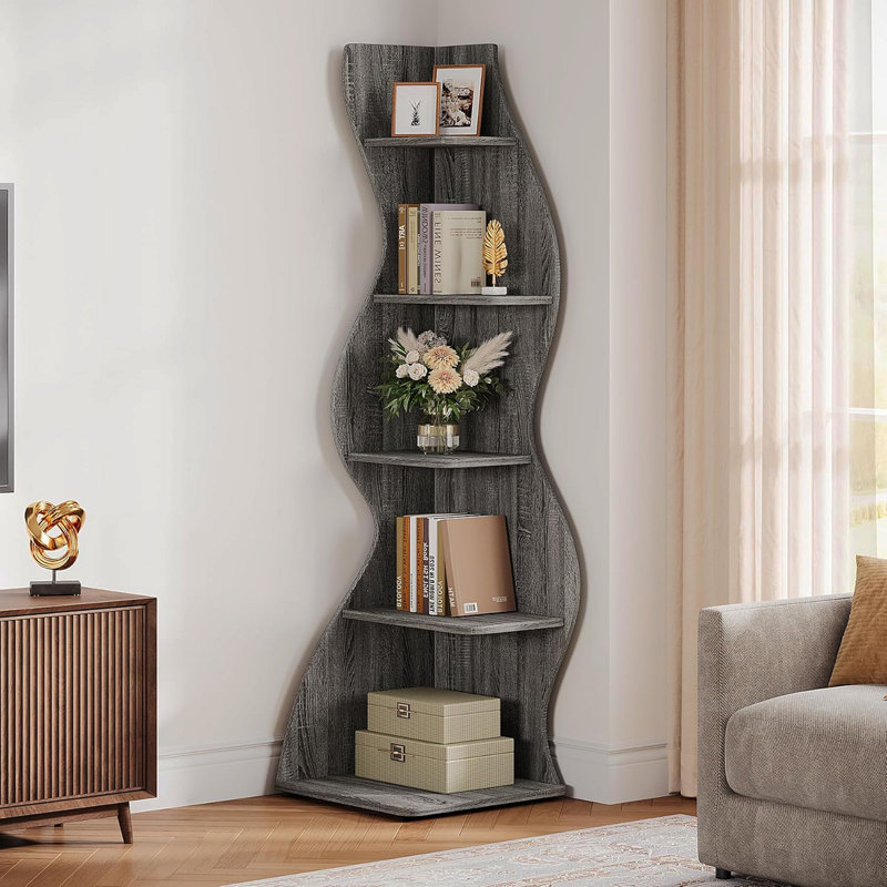Bibliothèque et support d'angle à 5 niveaux 69,8 po pour salon, Gris