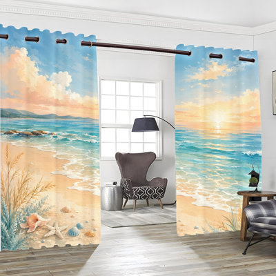 2 PCS avec œillets, bord de mer, coucher de soleil en polyester imprimé, rideaux obscurcissant et isolant avec protection d'intimité, panneaux de fenêtre intérieurs décoratifs pour chambre à coucher