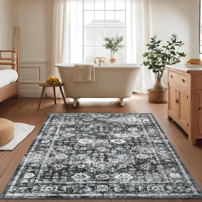 Oriental Machine Washable Rug with Rubber Backing Soft Area Rug Non Slip Thin Rug Low Pile Foldable Rug for Living Room, Bedroom, Dining Room