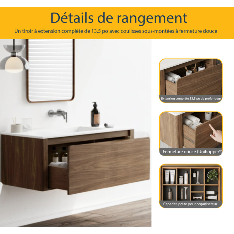 Sahiti 48 po L x 19 po P 1 tiroir Meuble-lavabo autoportant avec évier simple et Comptoir en Surface solide blanc mat