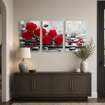 «Red Roses», reproduction d'art sur toile tendue sur toile, ensemble de 3, pour salon, chambre à coucher, décoration intérieure