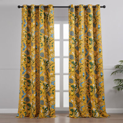 Mustard Yellow Vintage Curtains & Drapes 84 Inches Long, Grommet Luxury Whimsical Floral Lemon Hummingbird Patterned Waverly Mid Century Colorful Blackout Drapes