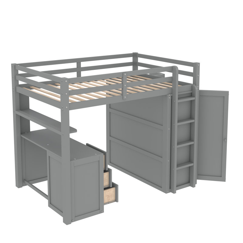 Lit mezzanine double avec tiroirs Alvara Kids, gris