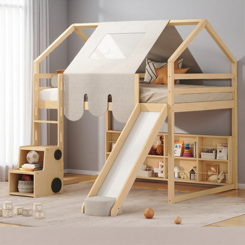 Cadre de lit mezzanine en bois avec tente, Lit double, Beige / Naturel