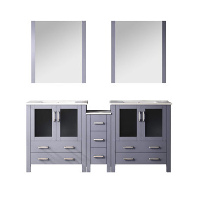 72 po W Double meuble-lavabo gris foncé avec armoires latérales, comptoir en céramique blanche, 28 miroirs, tiroir à fermeture en douceur, surface de couleur, option, comptoir antitache