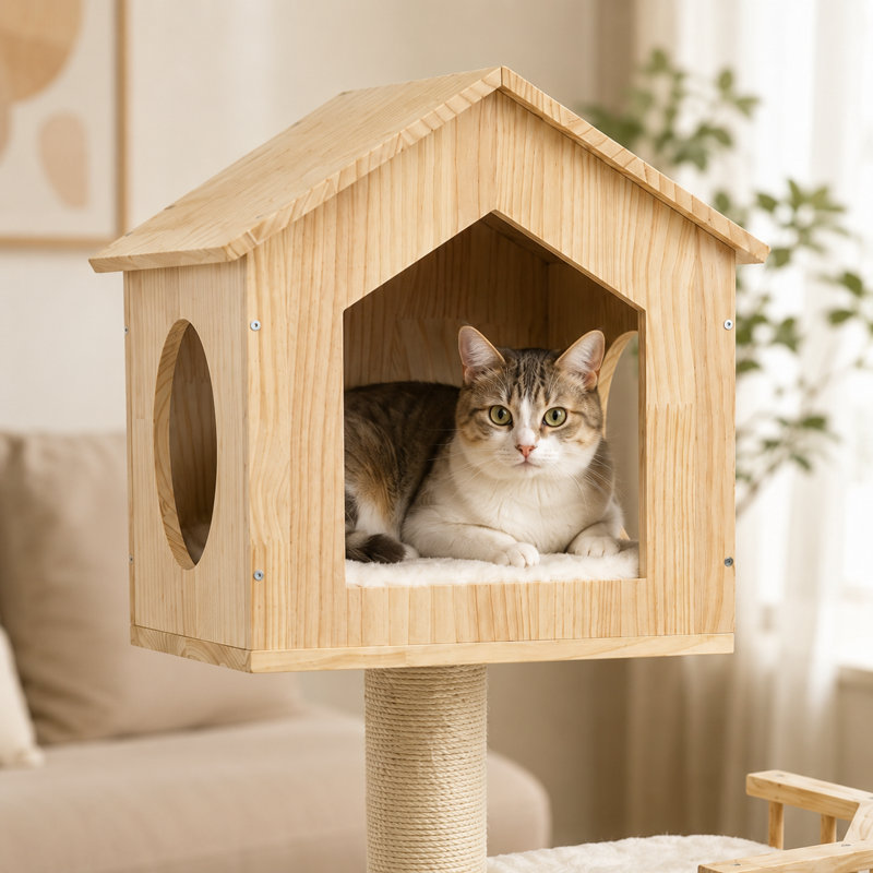Arbre à chat en bois massif avec niche supérieure en forme de maison, tour à chat multi-niveaux peu encombrante avec balcons décalés, mobilier moderne pour chats d'intérieur, poteaux à griffer en sisal et coussins lavables, 135 cm