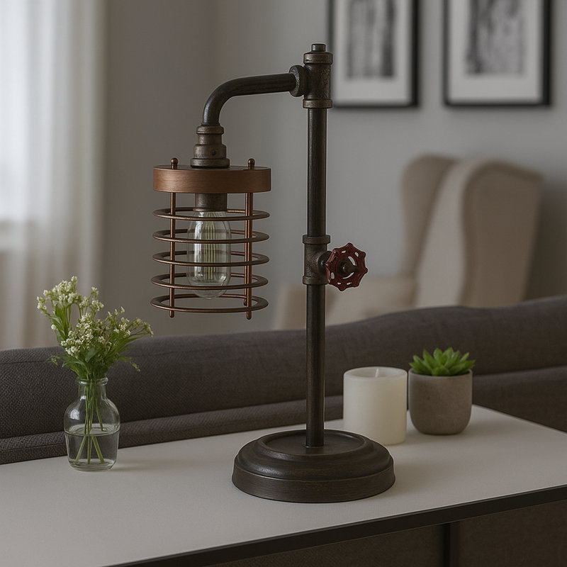 Industrial Metal Pipe Table Lamp for Bedside Decor - Vintage Small Desk Lamp for Living Room and Bedroom - 18", Brown & Gold