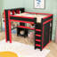 Grand lit mezzanine en bois avec bureau, garde-robe, ports USB et tablettes de rangement