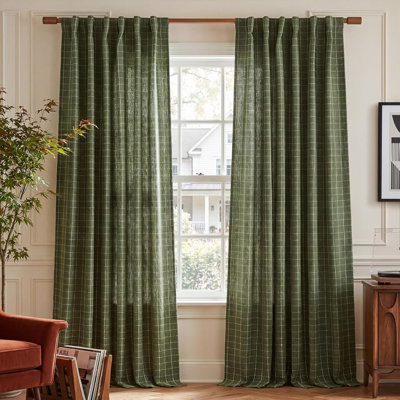 Olive Green Linen Plaid Bedroom Curtains, Rod Pocket & Back Tab Geometric Jacquard Thick Wovern Mudcloth Light Filtering Window Treatments for Home Decor, W52 x L84, 2 Panels