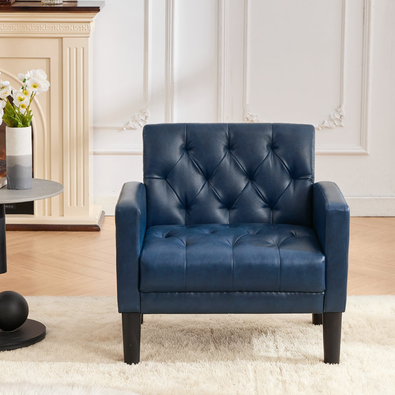 30.91"W Leather Tufted Accent Chair, Blue