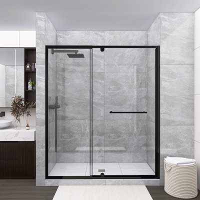 Porte de douche à pivot 56 à 60 po x 72 po, verre trempé transparent de 1/4 po, finition noire avec poignée en acier
