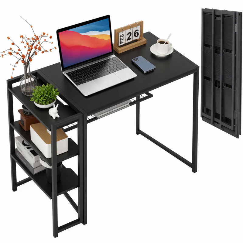 Bureau d'ordinateur pliant 35 pouces avec tablette de rangement, table d'économie d'espace sans assemblage, pour chambre à coucher, bureau à domicile, dortoir, appartement