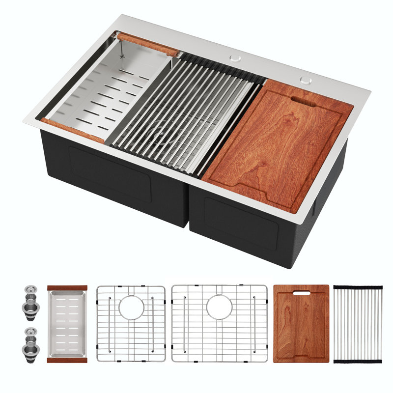 Workstation Kitchen Sink Drop In 16 Gauge Stainless Steel Double Bowl(60/40) Kitchen Sink, With Additional Recessed Divider