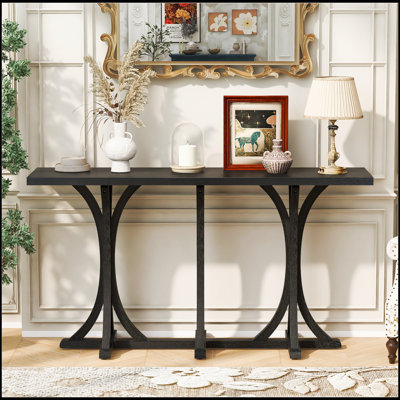 Console en bois 59,8 po avec plateau en placage de chêne, table d'entrée de style campagnard avec pieds courbés élancés, parfaite pour le salon, le vestibule, le couloir et les espaces repas