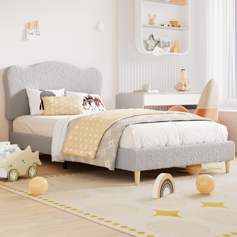 Twin-XL Size Bed Frame Soft Low Profile Sturdy Platform with Upholstered Headboard,  Wooden Slats, Noise Free, No Box Spring Needed, Gray