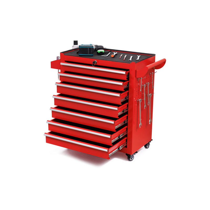 7 Drawer Rolling Tool Cabinet with Lockable Storage and Wheels, Red