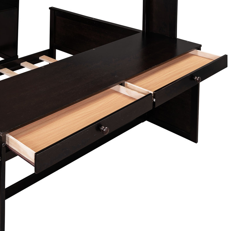 Lit mezzanine double avec lit simple, tablettes, bureau et garde-robe. Maximisez l'espace. Idéal pour les familles. Aucun sommier tapissier requis. H 65 po x l 78,7 po - L 94,8 po - Dimensions colorées. Caractéristiques