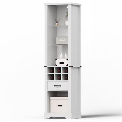 Armoire de rangement de 75 pouces de style campagnard avec lumière DEL, armoire de cuisine autoportante, tablettes réglables en verre trempé et porte-bouteilles, armoire de rangement en lin pour salle de bain, blanc