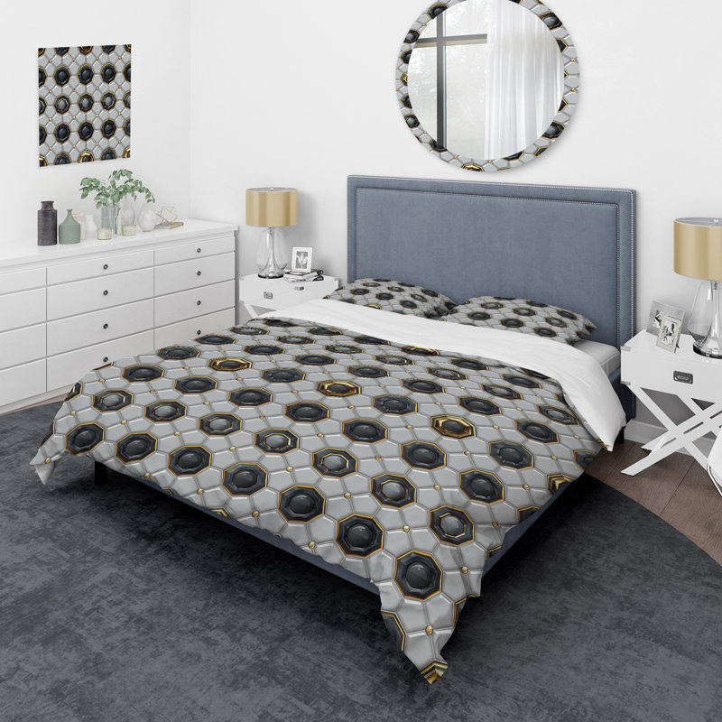 Ensemble de housse de couette moderne à motif octogonal gris et blanc, Housse de couette pour grand lit et 2 taies décor